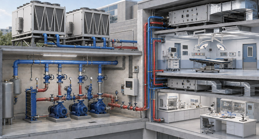 A hospital chilled-water system would include multiple pumps and segregated circuits so a single fault does not remove cooling from critical areas. A hospital chilled-water system would include multiple pumps and segregated circuits so a single fault does not remove cooling from critical areas.