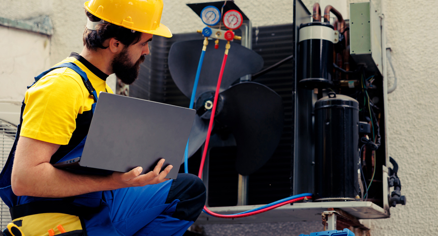 Man performing maintenance checks on an HVAC system